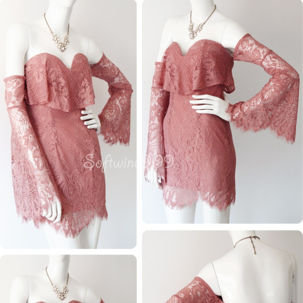 Last☝️Pink Ruffle Off Shoulder Lace Cocktail Dress - Picture 2 of 8